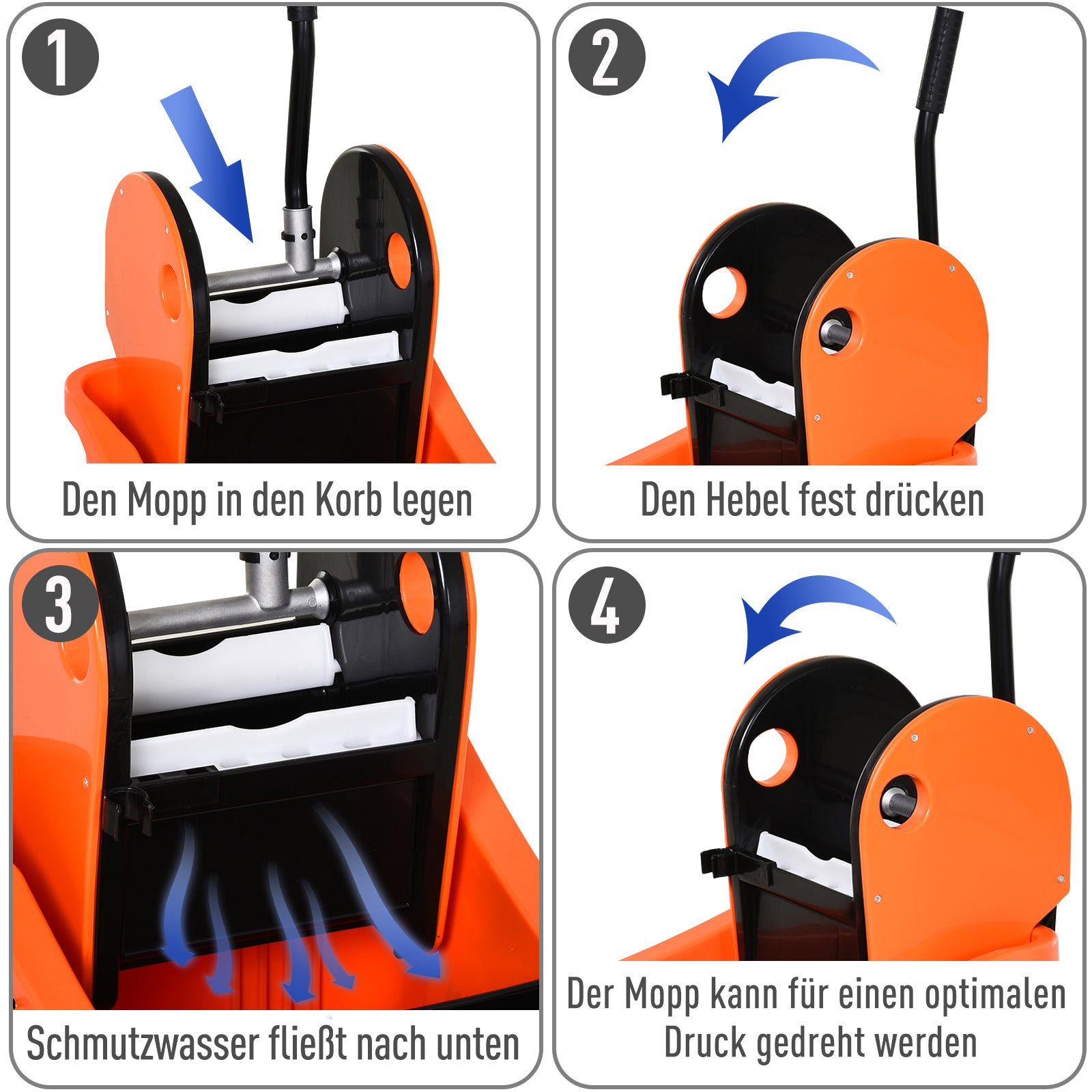 Cleaning Trolley 36 Liter Bucket Mop Bucket Cleaning Cart with Wringer, Orange, 54 x 41 x 91.5 cm