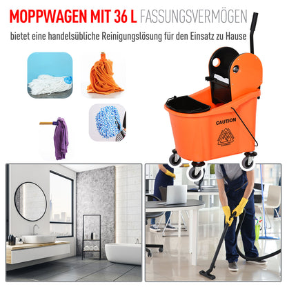Cleaning Trolley 36 Liter Bucket Mop Bucket Cleaning Cart with Wringer, Orange, 54 x 41 x 91.5 cm