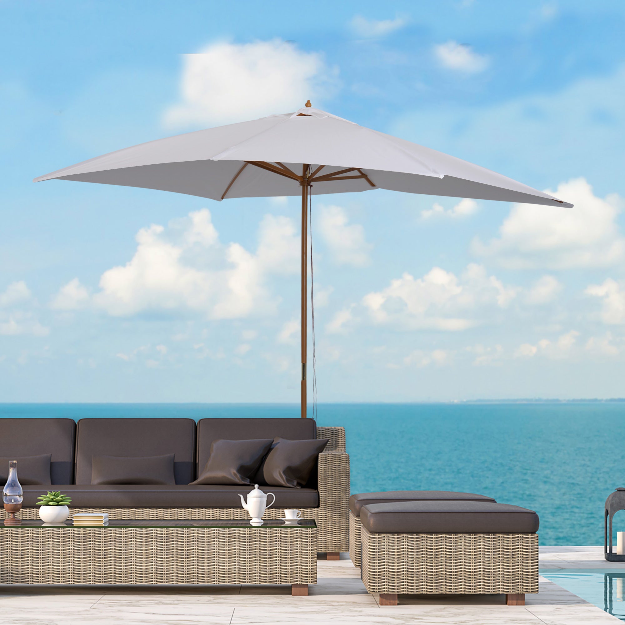 Garden Parasol 295x200 cm with Wooden Pole Bamboo Ribs and Pulley Rectangular Garden Sunshade Waterproof for Patio or Terrace Classic Style White