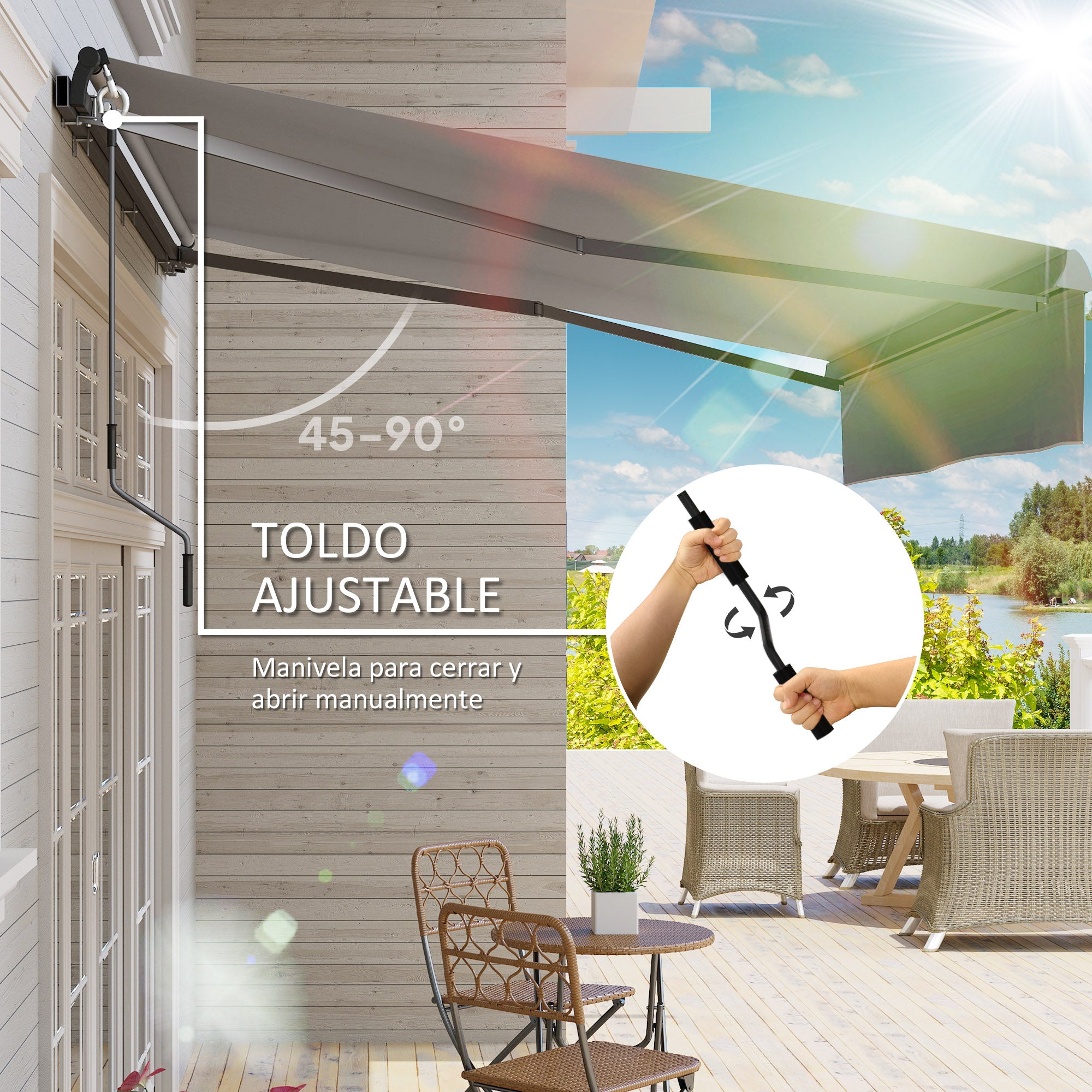 Retractable Manual Awning 3x2 m Outdoor Terrace Adjustable Awning with Crank UV50+ Protection Aluminum and Metal Structure for Balcony Garden Gray