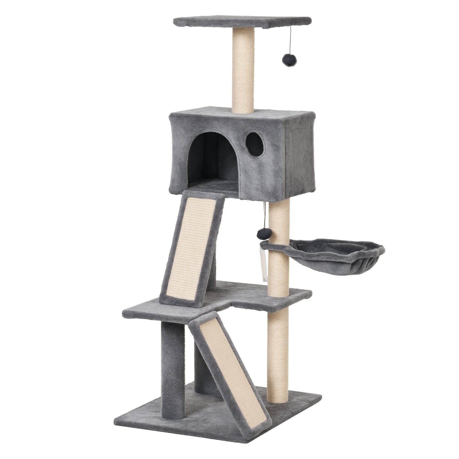Scratching Tree Equipped with Cozy Cabin, Suspended Bed, and 2 Plush Platforms in Gray and Sisal Rope 60x49x130cm