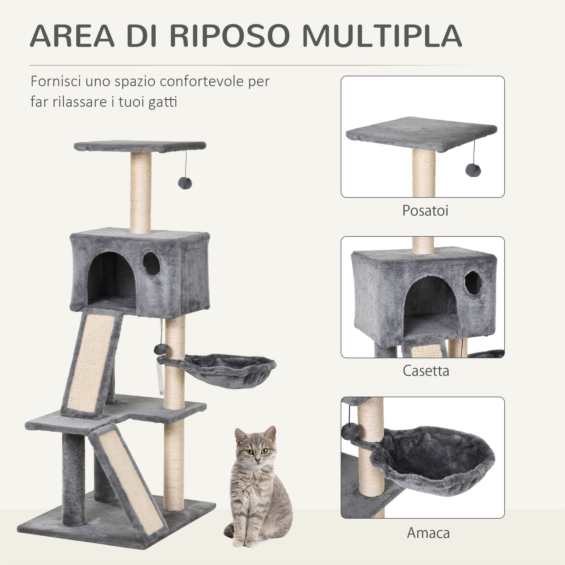 Scratching Tree Equipped with Cozy Cabin, Suspended Bed, and 2 Plush Platforms in Gray and Sisal Rope 60x49x130cm
