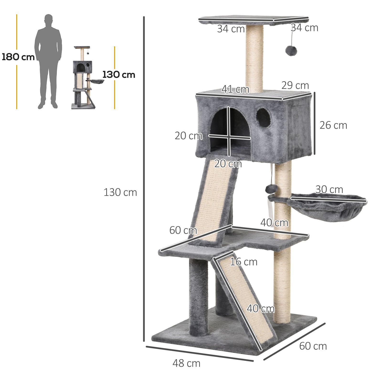 Scratching Tree Equipped with Cozy Cabin, Suspended Bed, and 2 Plush Platforms in Gray and Sisal Rope 60x49x130cm