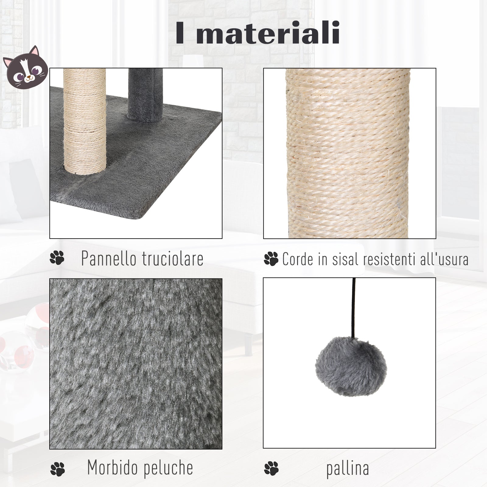 Scratching Tree Equipped with Cozy Cabin, Suspended Bed, and 2 Plush Platforms in Gray and Sisal Rope 60x49x130cm