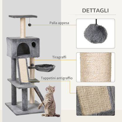 Scratching Tree Equipped with Cozy Cabin, Suspended Bed, and 2 Plush Platforms in Gray and Sisal Rope 60x49x130cm