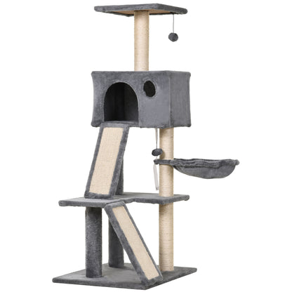Scratching Tree Equipped with Cozy Cabin, Suspended Bed, and 2 Plush Platforms in Gray and Sisal Rope 60x49x130cm