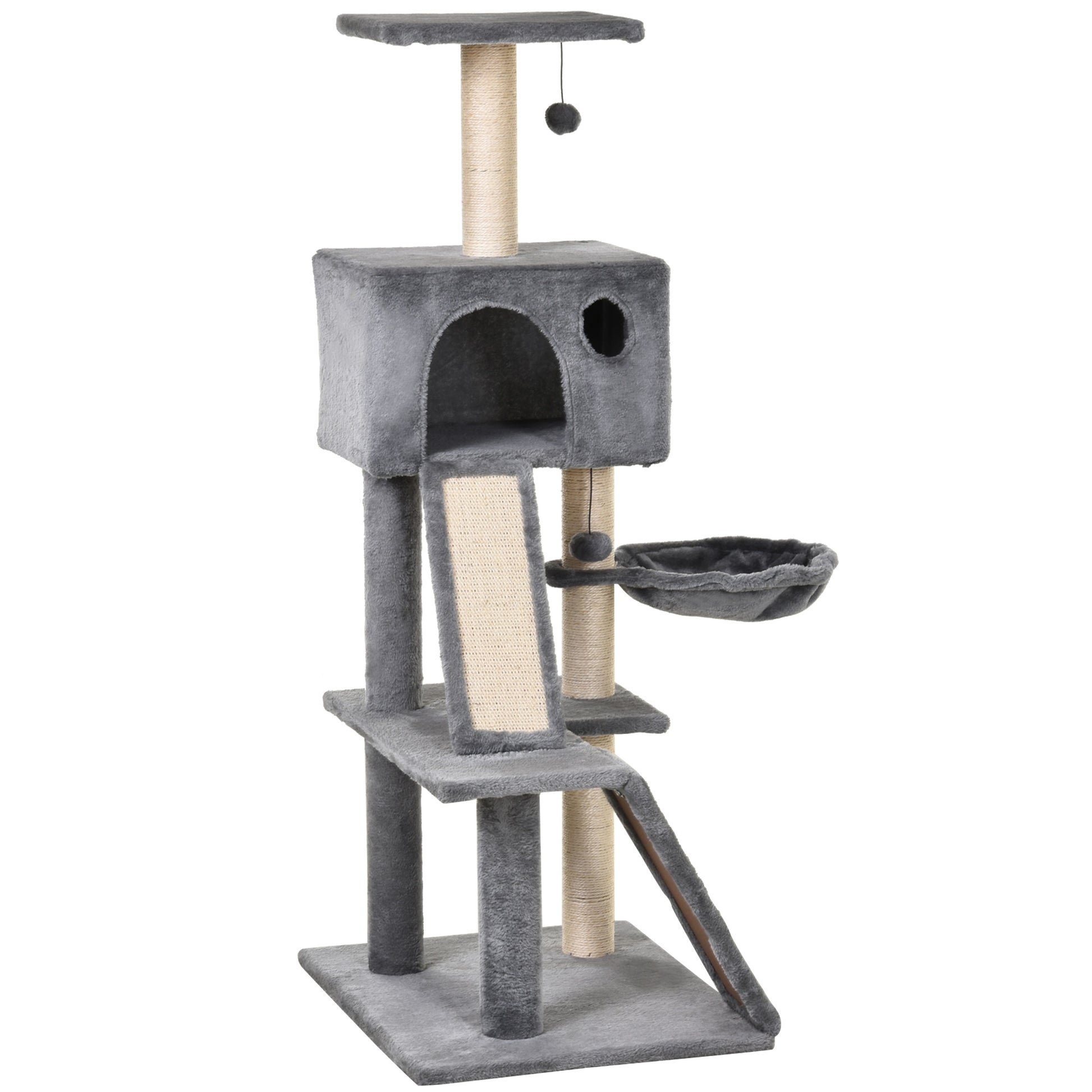 Scratching Tree Equipped with Cozy Cabin, Suspended Bed, and 2 Plush Platforms in Gray and Sisal Rope 60x49x130cm