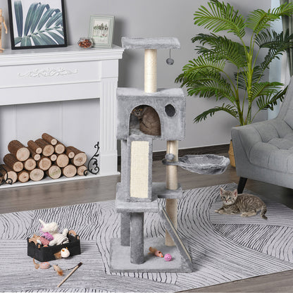 Scratching Tree Equipped with Cozy Cabin, Suspended Bed, and 2 Plush Platforms in Gray and Sisal Rope 60x49x130cm
