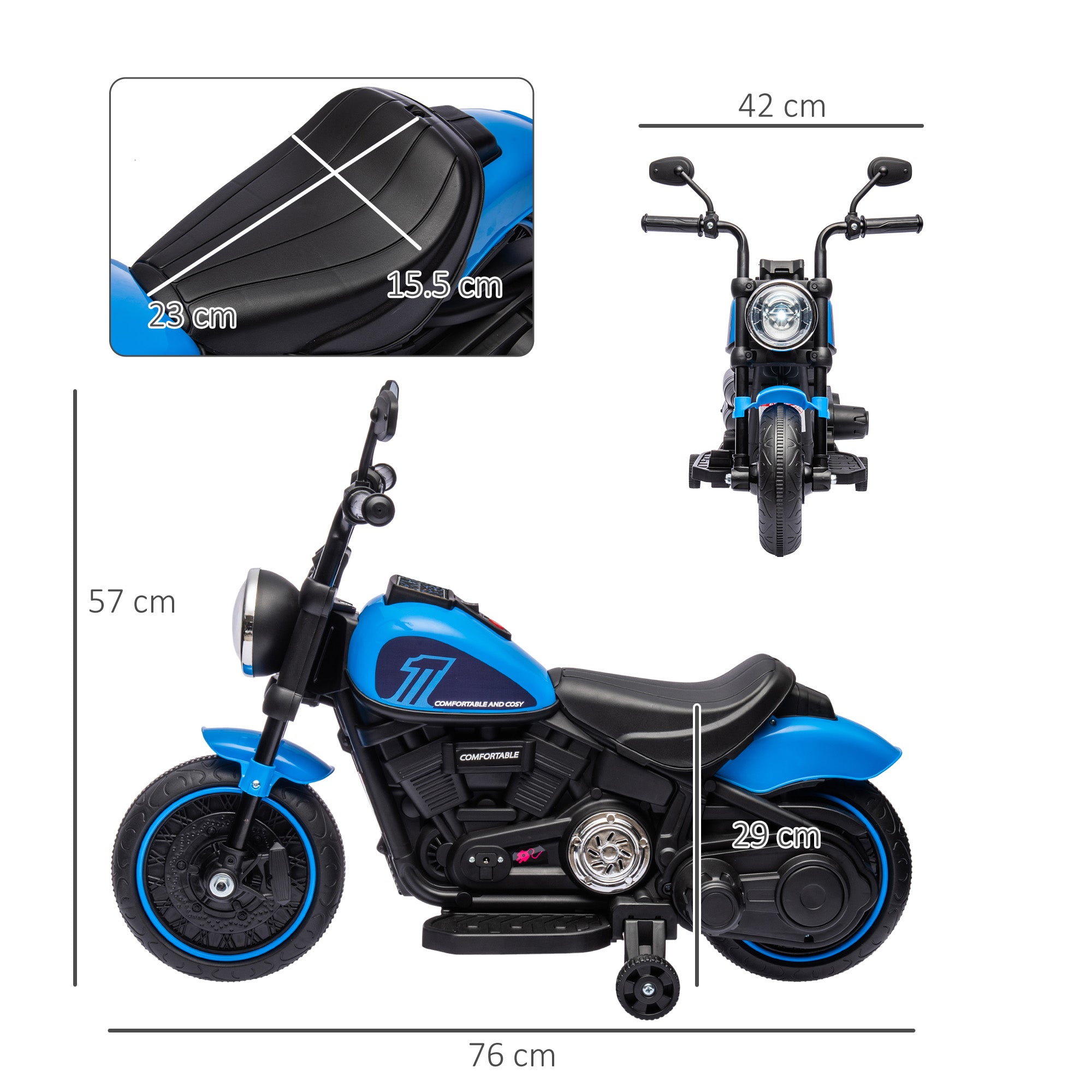 Kids Motorcycle Children's Electric Motorcycle Electric Vehicle Children's Toy with 2 Removable Training Wheels, 3 km/h, for 1.5-3 Years Kids Blue 76 x 42 x 57 cm