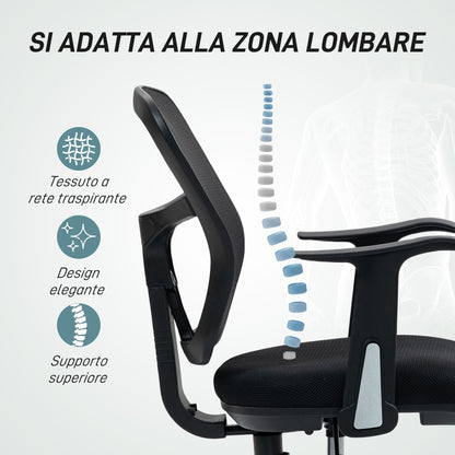 Swivel Office Chair with Footrest Ring and Curved Back, Ergonomic Polyester, Foam, and Plastic Chair, Height Adjustable, 55x58x94 cm, Black