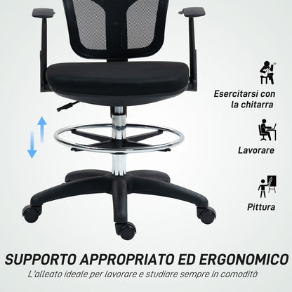 Swivel Office Chair with Footrest Ring and Curved Back, Ergonomic Polyester, Foam, and Plastic Chair, Height Adjustable, 55x58x94 cm, Black
