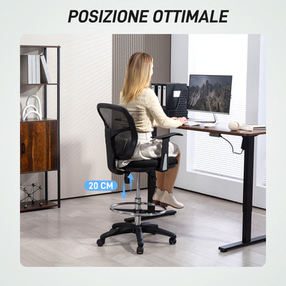 Swivel Office Chair with Footrest Ring and Curved Back, Ergonomic Polyester, Foam, and Plastic Chair, Height Adjustable, 55x58x94 cm, Black