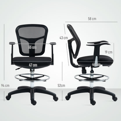 Swivel Office Chair with Footrest Ring and Curved Back, Ergonomic Polyester, Foam, and Plastic Chair, Height Adjustable, 55x58x94 cm, Black
