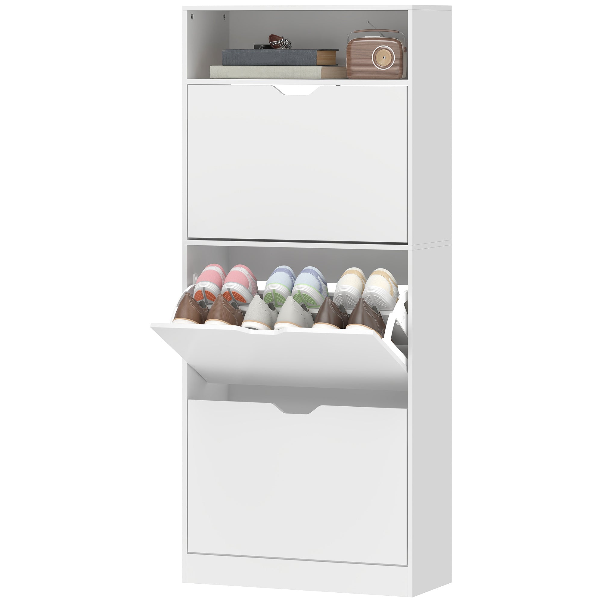 Shoe Cabinet for 12–18 Pairs, Slim Shoe Storage with 3 Tilt-Out Drawers, Open Compartment & Adjustable Shelves, for Hallway & Entry, 60 x 26 x 140 cm (23.6 x 10.2 x 55.1 in), White
