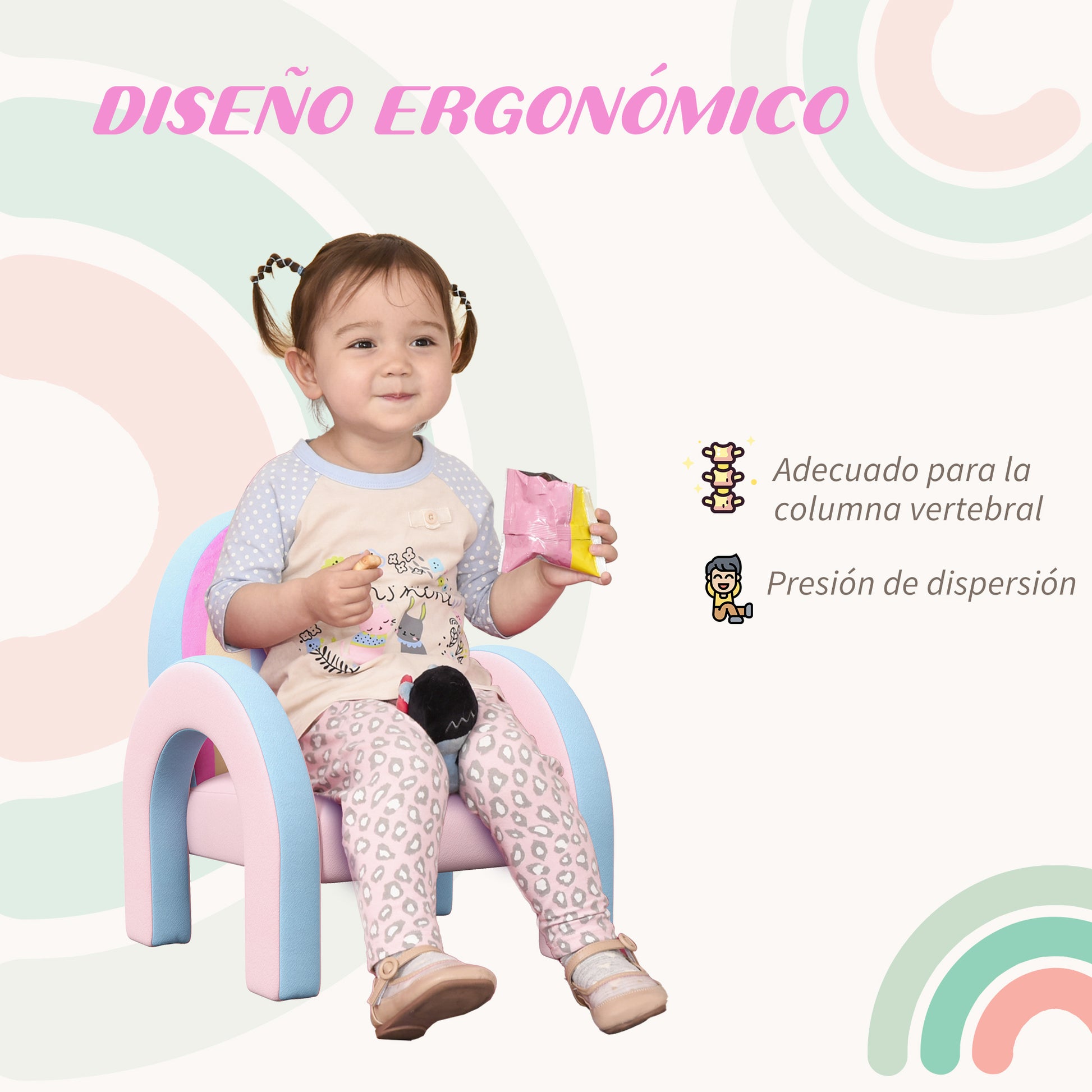 ZONEKIZ Rainbow Shaped Toddler Chair Mini Comfortable Sofa Children's Chair for 1.5-3 Years Old for Bedroom Living Room Load 45 kg 43x41x51 cm Pink
