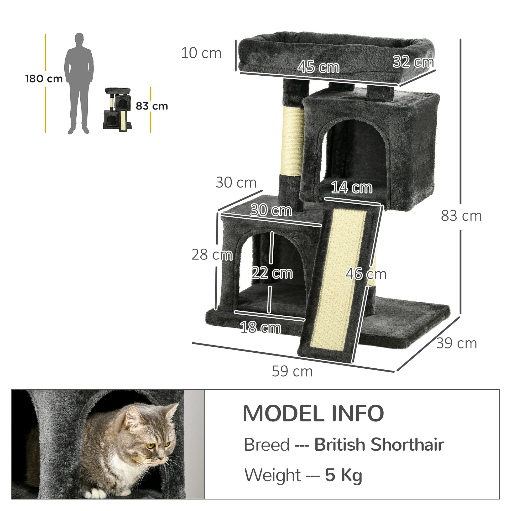 83cm Cat Tree Small Cat Scratching Tree with Sisal Columns, Cat Scratching Tree, Cat Climbing Tree, Cat Tree, Cat Furniture Play Tree for Small Cats, Dark Gray