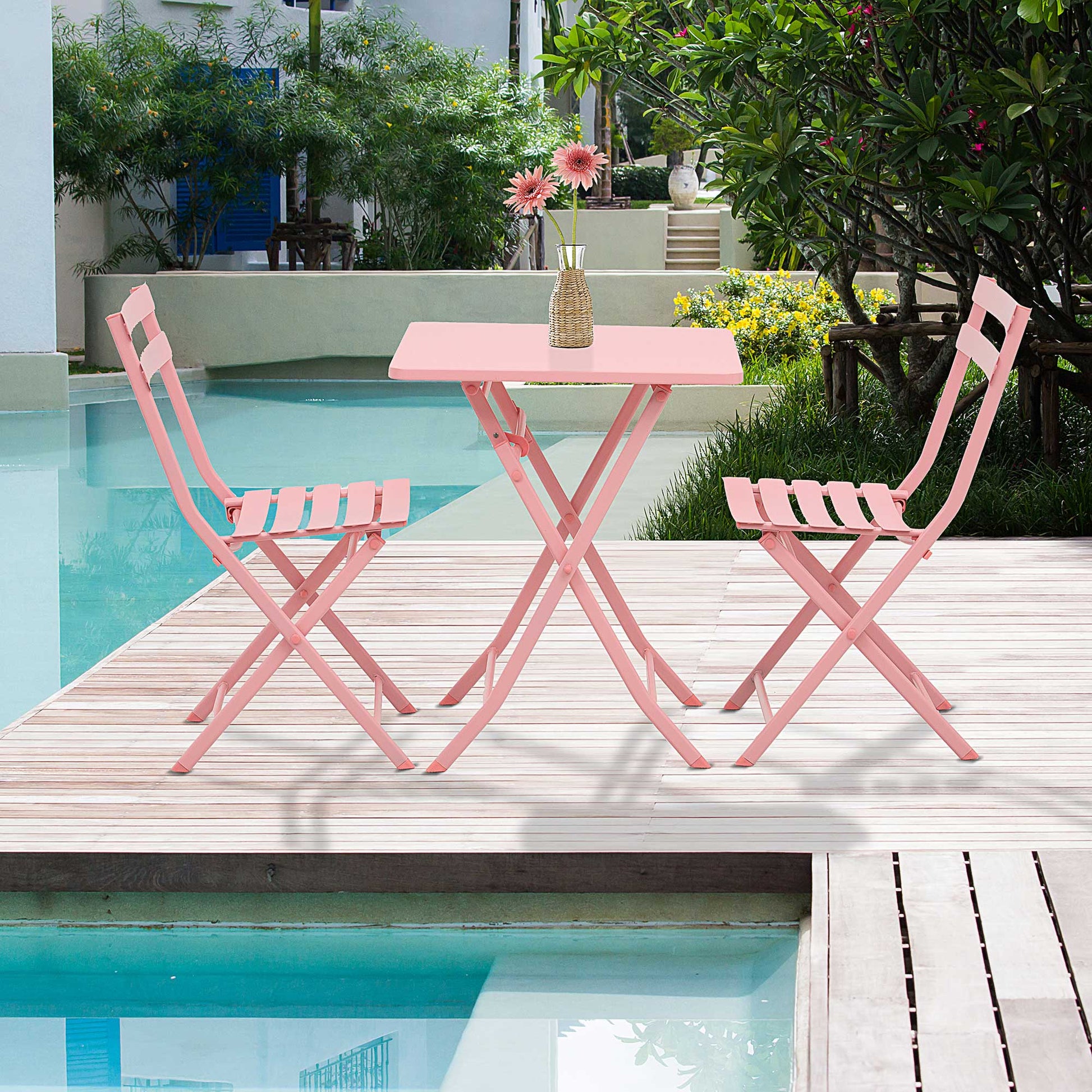 Folding bistro garden furniture set - square table dimensions 60L x 60W x 71H cm with 2 chairs - pink thermolacquered metal