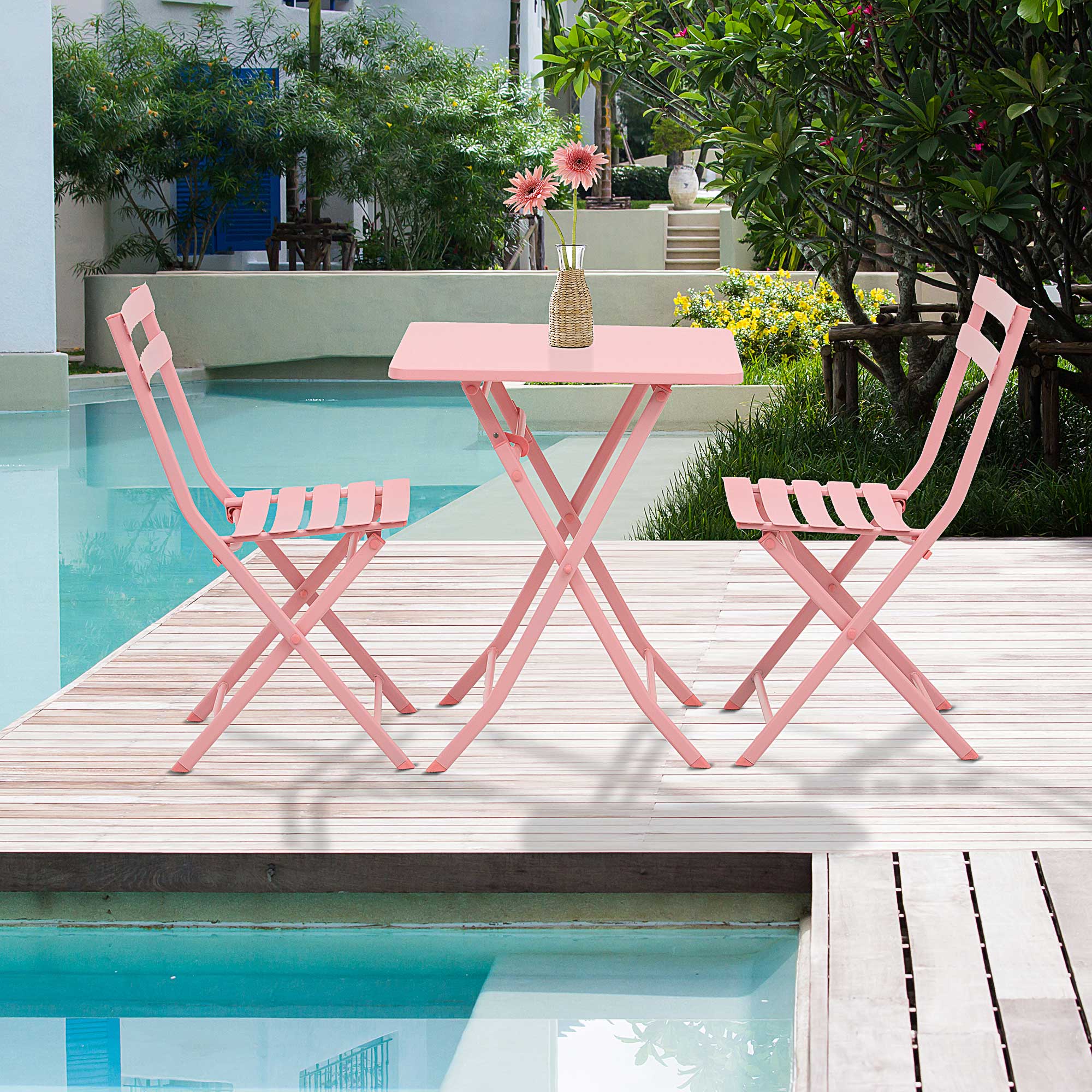 Folding bistro garden furniture set - square table dimensions 60L x 60W x 71H cm with 2 chairs - pink thermolacquered metal