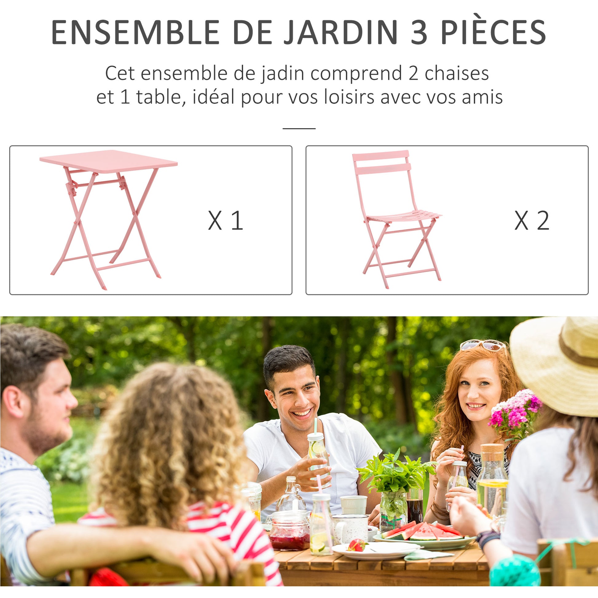 Folding bistro garden furniture set - square table dimensions 60L x 60W x 71H cm with 2 chairs - pink thermolacquered metal