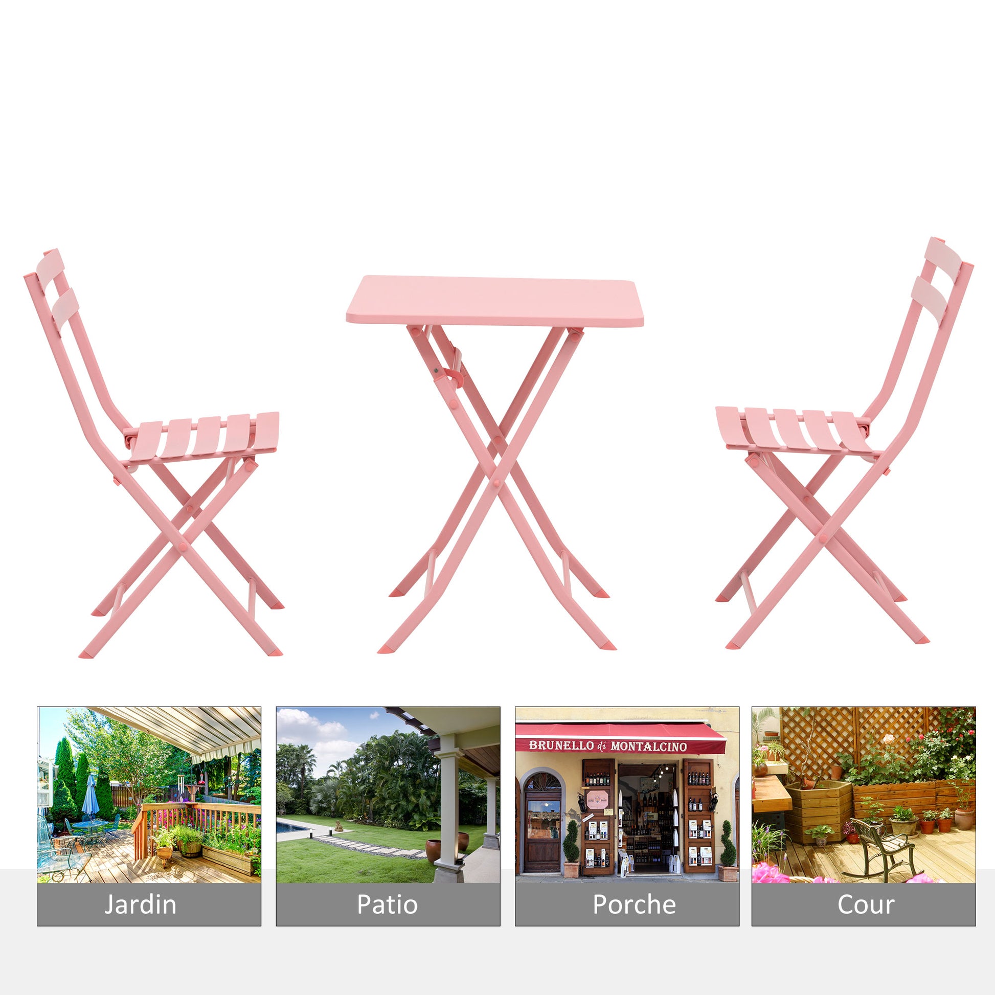 Folding bistro garden furniture set - square table dimensions 60L x 60W x 71H cm with 2 chairs - pink thermolacquered metal