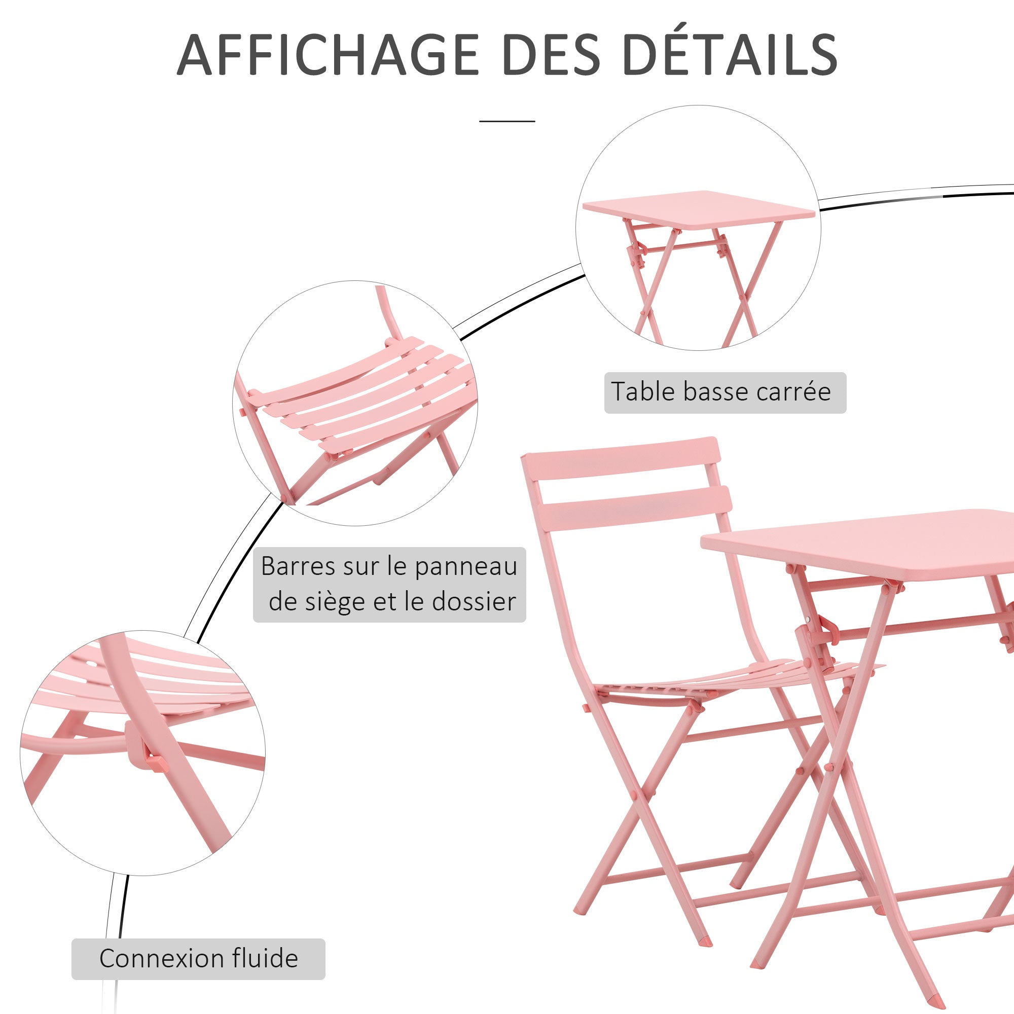 Folding bistro garden furniture set - square table dimensions 60L x 60W x 71H cm with 2 chairs - pink thermolacquered metal