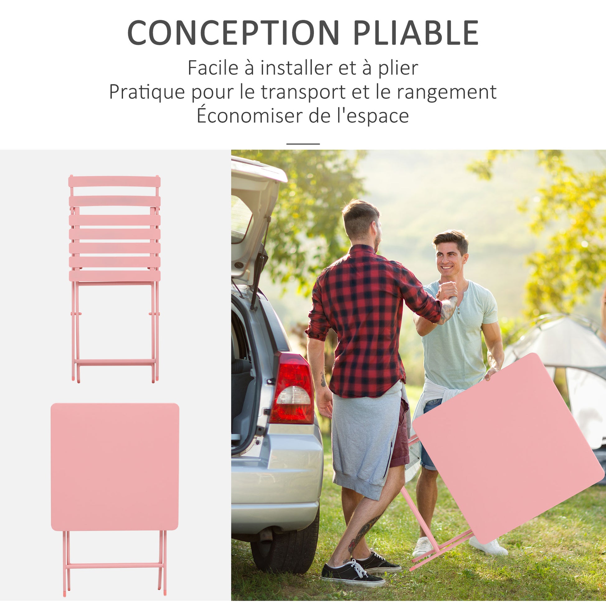 Folding bistro garden furniture set - square table dimensions 60L x 60W x 71H cm with 2 chairs - pink thermolacquered metal