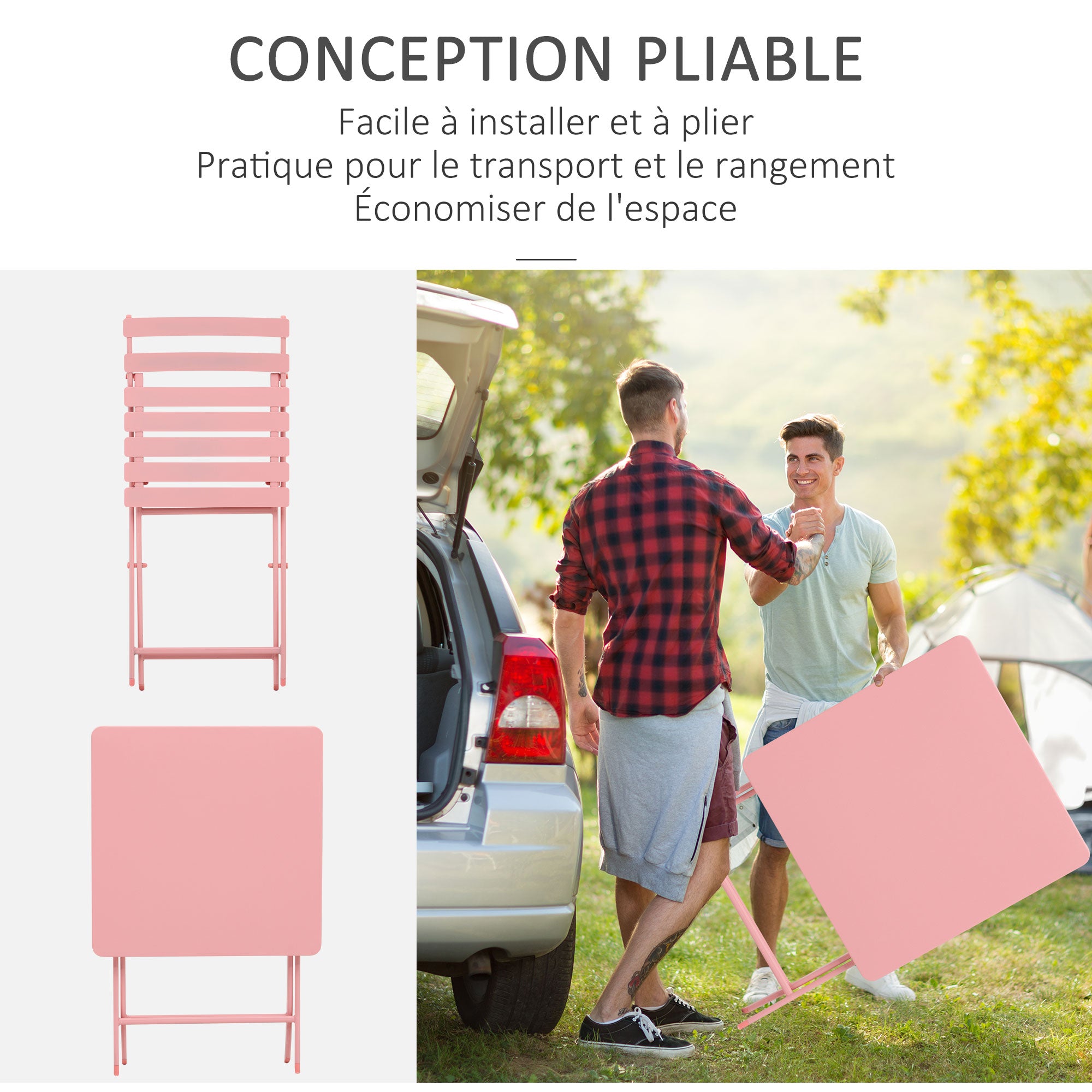 Folding bistro garden furniture set - square table dimensions 60L x 60W x 71H cm with 2 chairs - pink thermolacquered metal
