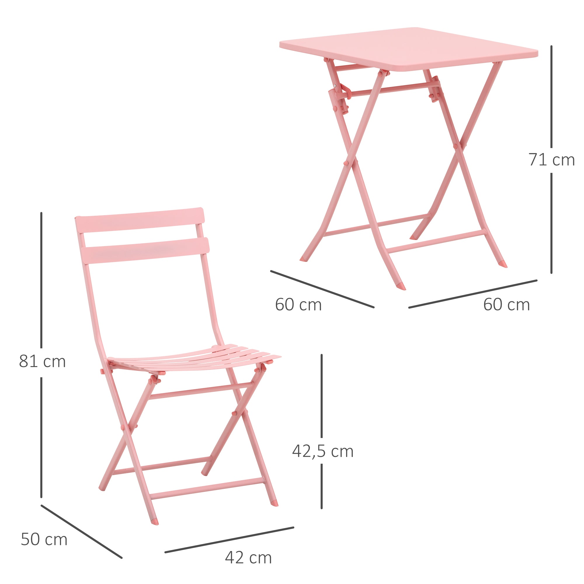 Folding bistro garden furniture set - square table dimensions 60L x 60W x 71H cm with 2 chairs - pink thermolacquered metal