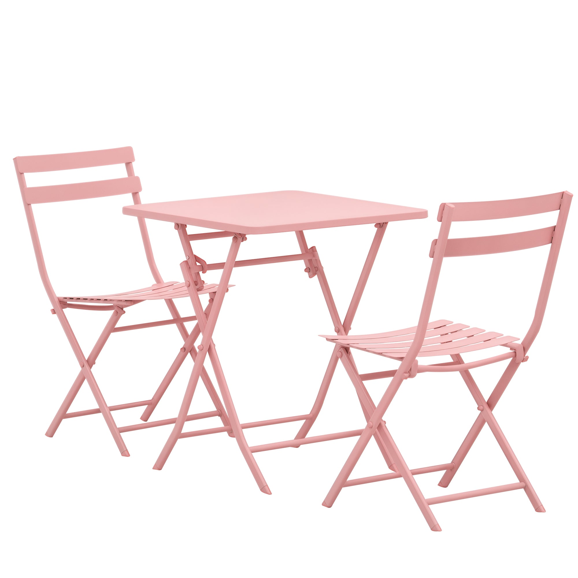 Folding bistro garden furniture set - square table dimensions 60L x 60W x 71H cm with 2 chairs - pink thermolacquered metal