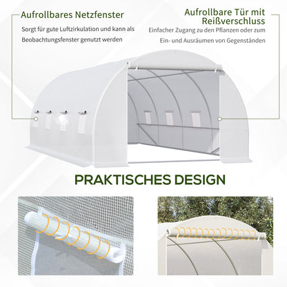 Greenhouse 595x300x200cm Foil Greenhouse Tomato House with Door, Window, Foil Tunnel made of Galvanized Steel, Plant Tunnel, Greenhouse including Ground Anchors Ropes, Garden Tunnel, White
