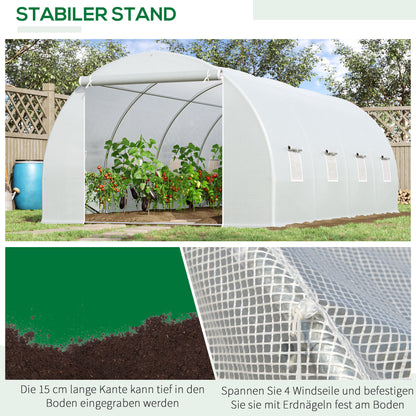Greenhouse 595x300x200cm Foil Greenhouse Tomato House with Door, Window, Foil Tunnel made of Galvanized Steel, Plant Tunnel, Greenhouse including Ground Anchors Ropes, Garden Tunnel, White