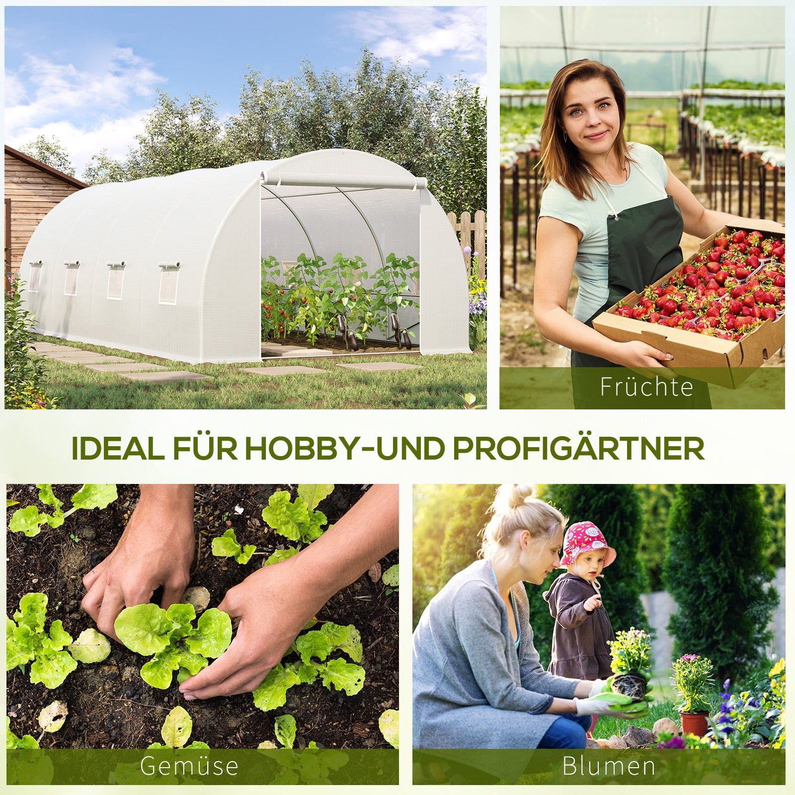 Greenhouse 595x300x200cm Foil Greenhouse Tomato House with Door, Window, Foil Tunnel made of Galvanized Steel, Plant Tunnel, Greenhouse including Ground Anchors Ropes, Garden Tunnel, White