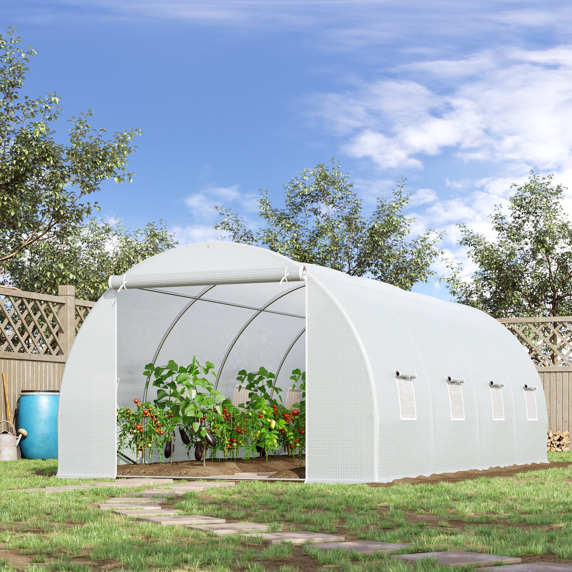 Greenhouse 595x300x200cm Foil Greenhouse Tomato House with Door, Window, Foil Tunnel made of Galvanized Steel, Plant Tunnel, Greenhouse including Ground Anchors Ropes, Garden Tunnel, White