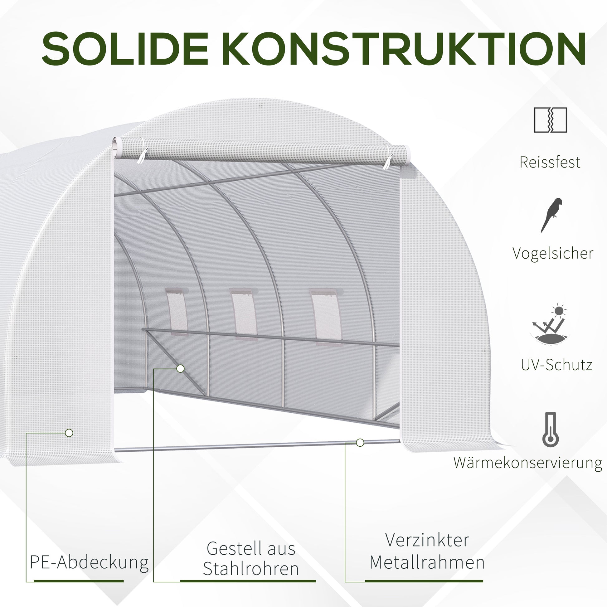 Greenhouse 595x300x200cm Foil Greenhouse Tomato House with Door, Window, Foil Tunnel made of Galvanized Steel, Plant Tunnel, Greenhouse including Ground Anchors Ropes, Garden Tunnel, White