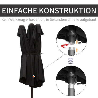 Double Sun Umbrella 455 x 265 cm, UV Protection Sunshade with Hand Crank, Balcony Beach Umbrella Windproof Crank Umbrella Sun Protection for Beach Balcony Garden, Black