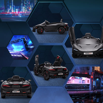 Kids Electric Car 12V McLaren 765LT Toy Car with 2.4G Remote Control, MP3 Music, Electric Vehicle with Horn, Lights, Gullwing Doors, Soft Start, 3-5 km/h, for 3-6 Years Kids, Black