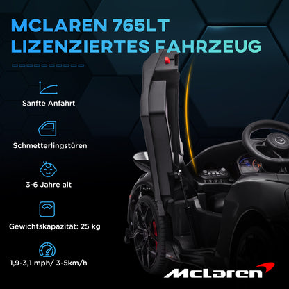 Kids Electric Car 12V McLaren 765LT Toy Car with 2.4G Remote Control, MP3 Music, Electric Vehicle with Horn, Lights, Gullwing Doors, Soft Start, 3-5 km/h, for 3-6 Years Kids, Black