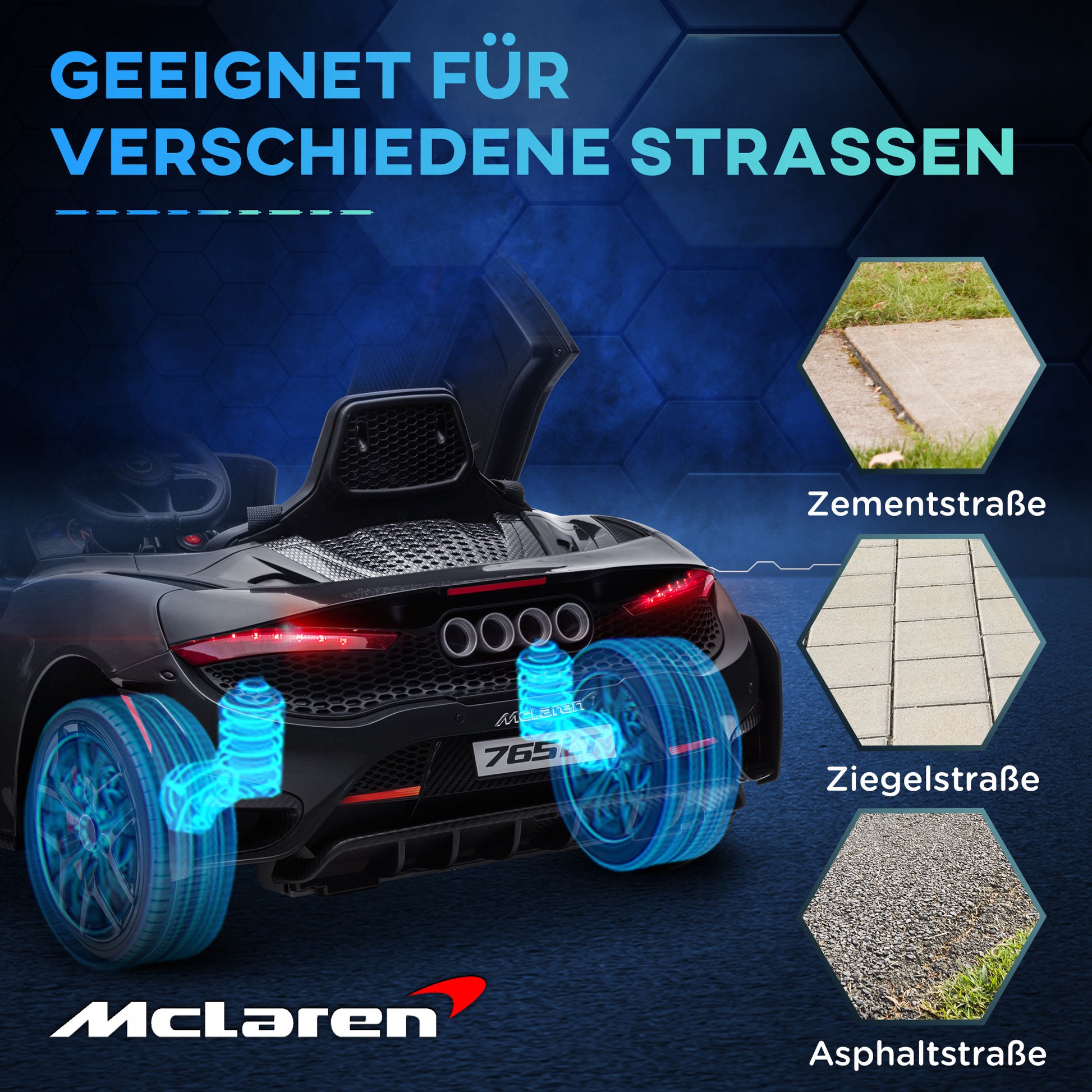 Kids Electric Car 12V McLaren 765LT Toy Car with 2.4G Remote Control, MP3 Music, Electric Vehicle with Horn, Lights, Gullwing Doors, Soft Start, 3-5 km/h, for 3-6 Years Kids, Black