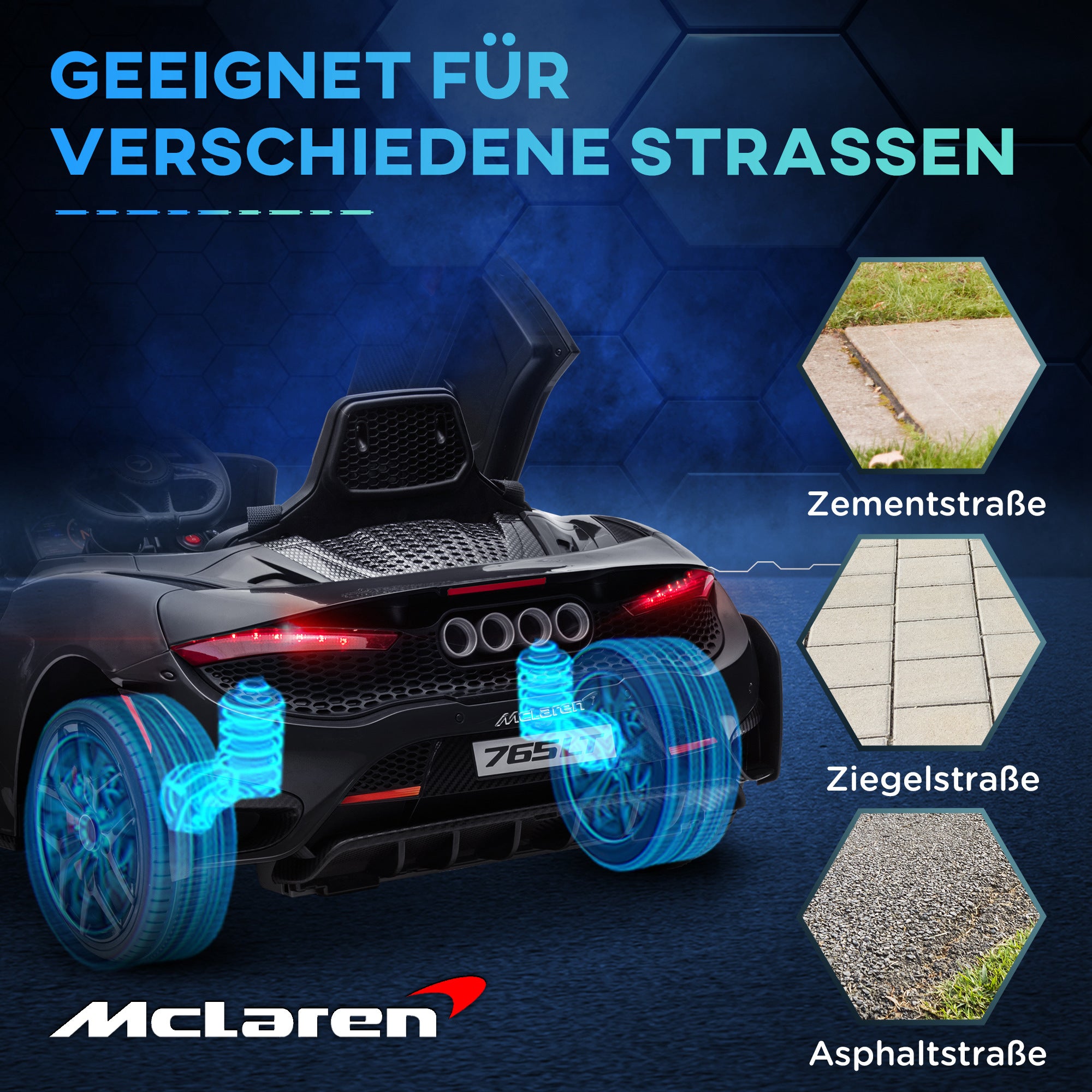Kids Electric Car 12V McLaren 765LT Toy Car with 2.4G Remote Control, MP3 Music, Electric Vehicle with Horn, Lights, Gullwing Doors, Soft Start, 3-5 km/h, for 3-6 Years Kids, Black