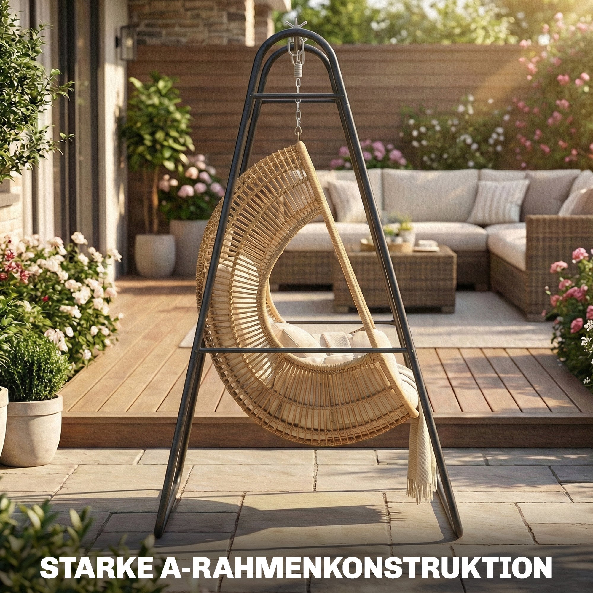 A-Frame Hanging Chair Stand — Steel Frame for Hanging Basket/Chair, Up to 150 kg (330 lb), Indoor & Outdoor, Black