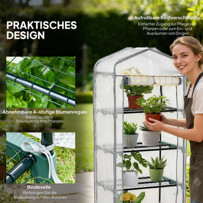 Mini Greenhouse with Shelves, PVC Cover & Roll-Up Door — Winter-Proof Tomato House for Balcony & Garden, 70 x 50 x 160 cm (28 x 20 x 63 in) — White