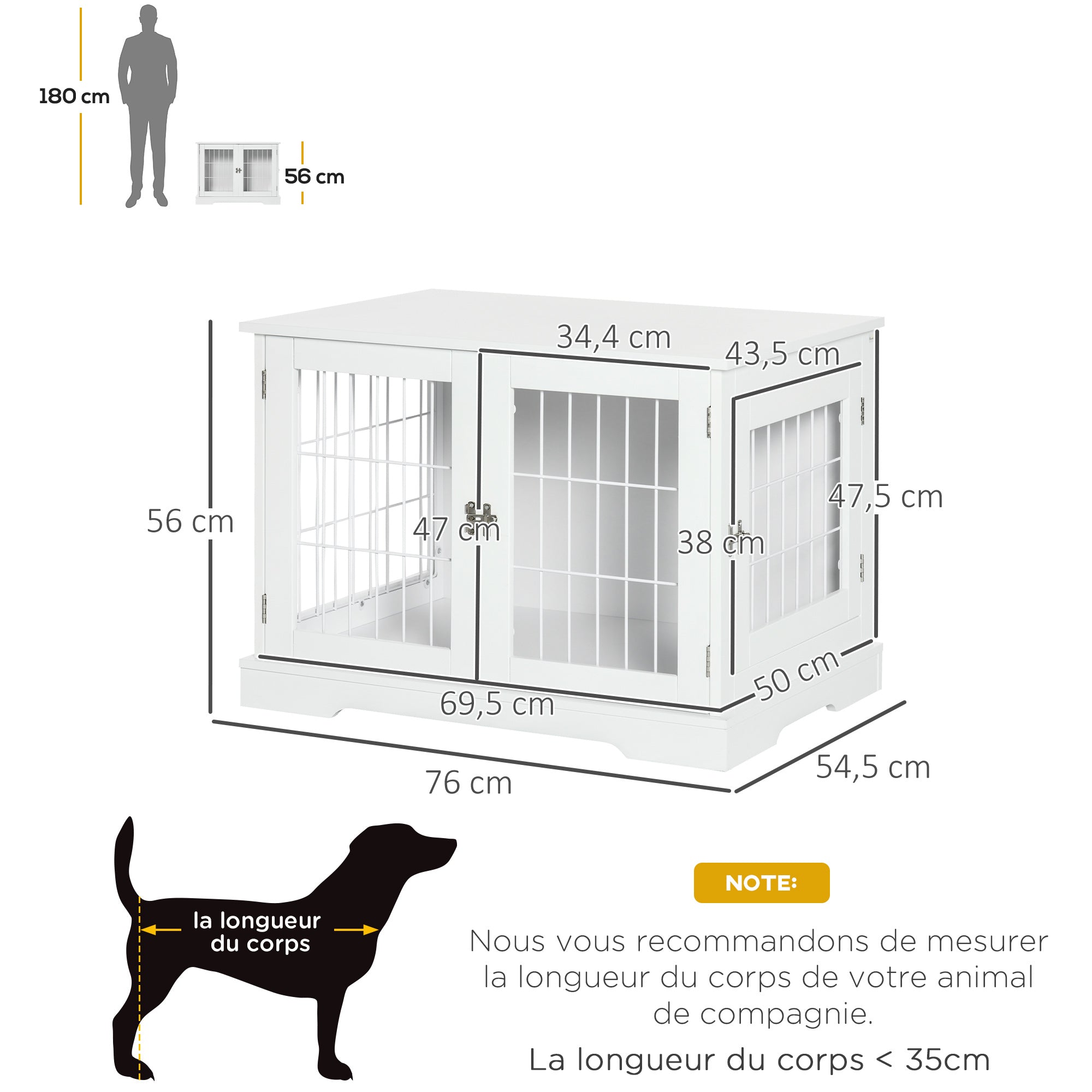 Dog Cage 2-in-1 Side Table with 2 Lockable Doors - 76L x 54.5W x 56H cm - Metal and MDF