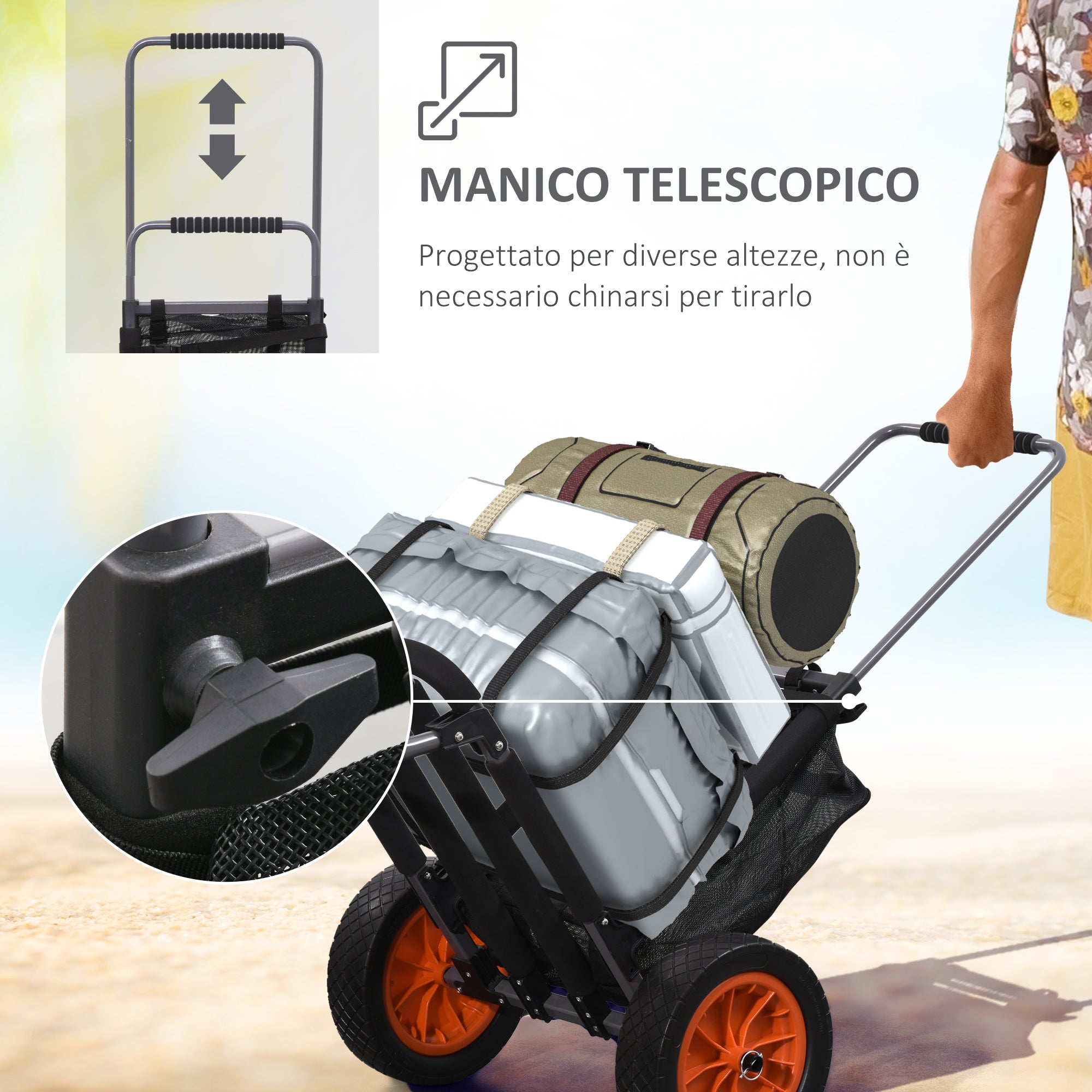 SPORTNOW Folding Beach Wagon made of Aluminum and PU with Mesh Cover, Telescopic Handle and Stand, 82x67x81 cm, Multicolor