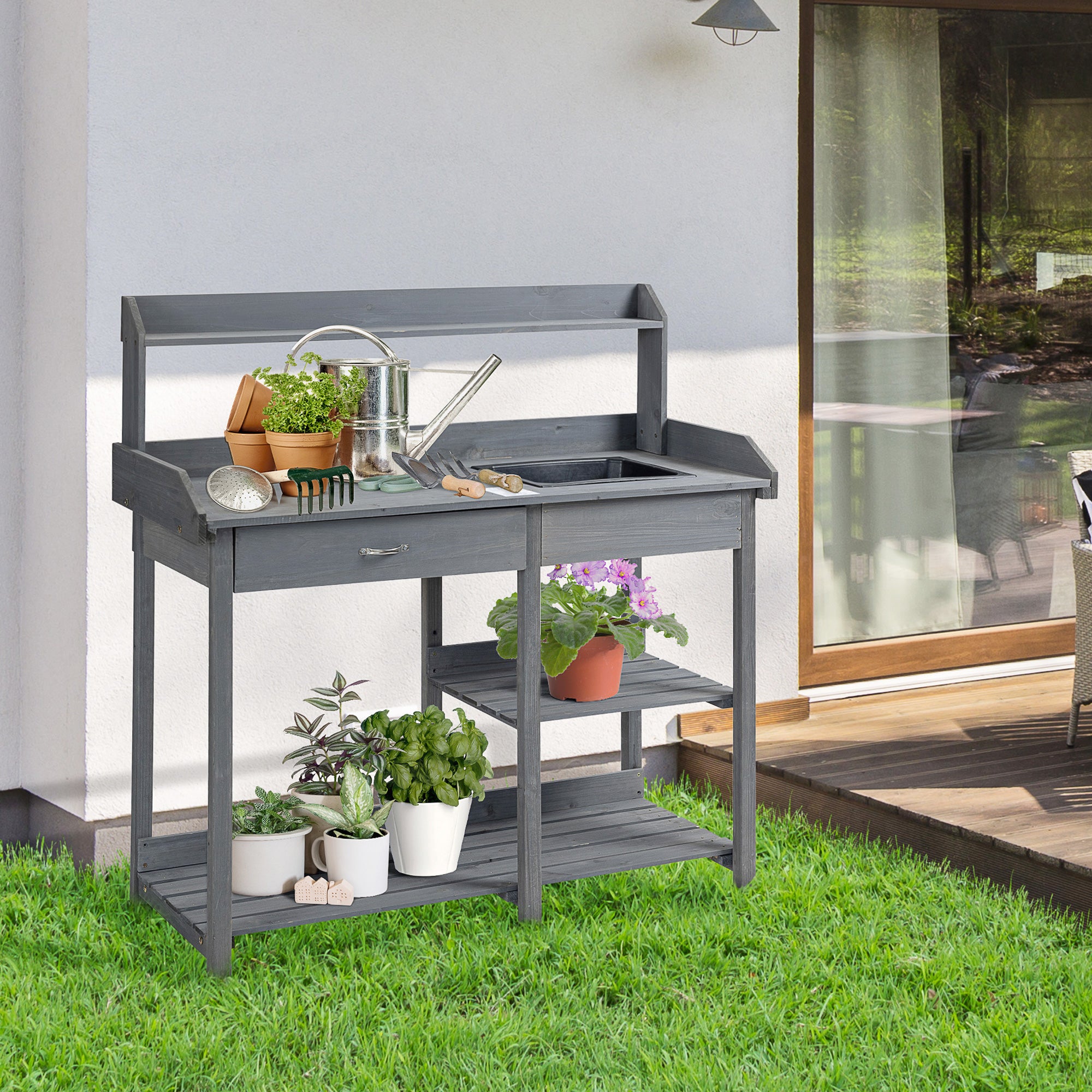 Multi-Equipped Repotting Table Gardening Table with Drawer, 3 Shelves, Sink, 3 Hooks - Gray Pre-Oiled Spruce Wood Planting Table