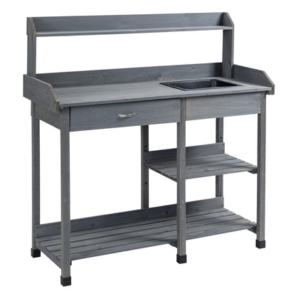 Multi-Equipped Repotting Table Gardening Table with Drawer, 3 Shelves, Sink, 3 Hooks - Gray Pre-Oiled Spruce Wood Planting Table