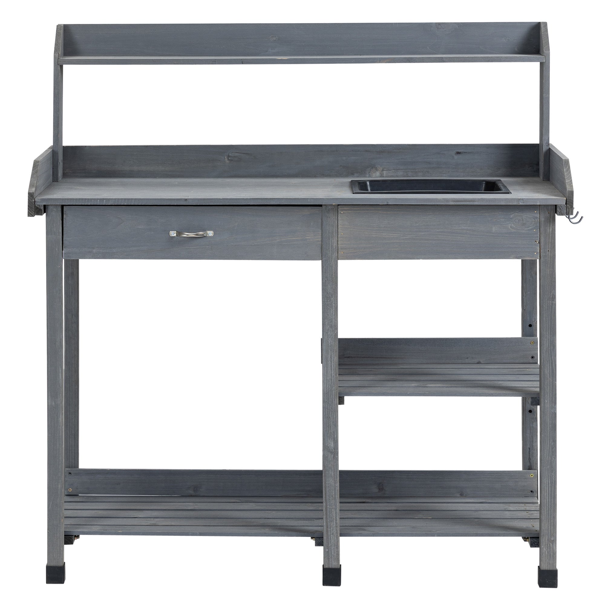Multi-Equipped Repotting Table Gardening Table with Drawer, 3 Shelves, Sink, 3 Hooks - Gray Pre-Oiled Spruce Wood Planting Table
