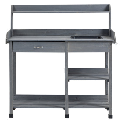 Multi-Equipped Repotting Table Gardening Table with Drawer, 3 Shelves, Sink, 3 Hooks - Gray Pre-Oiled Spruce Wood Planting Table