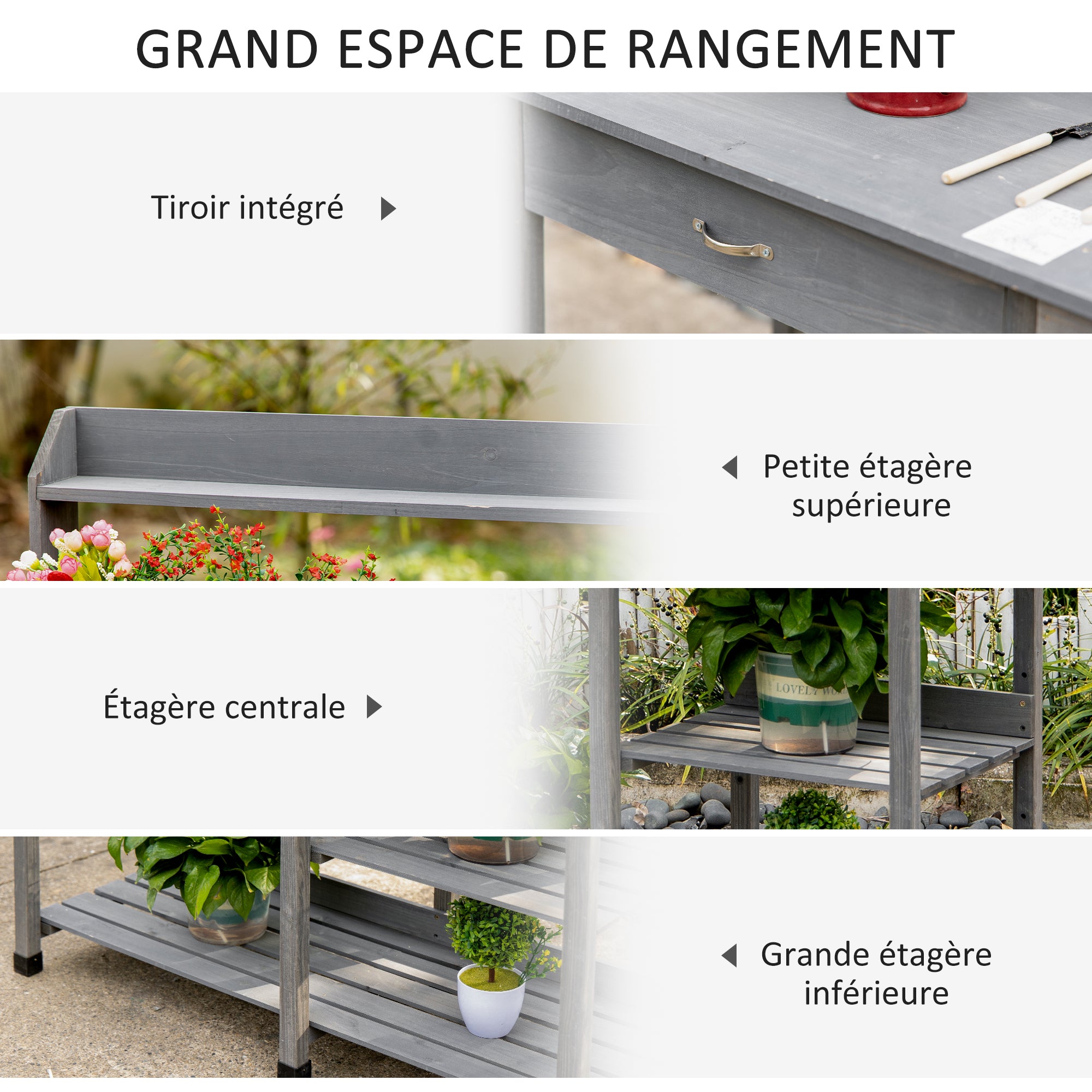 Multi-Equipped Repotting Table Gardening Table with Drawer, 3 Shelves, Sink, 3 Hooks - Gray Pre-Oiled Spruce Wood Planting Table