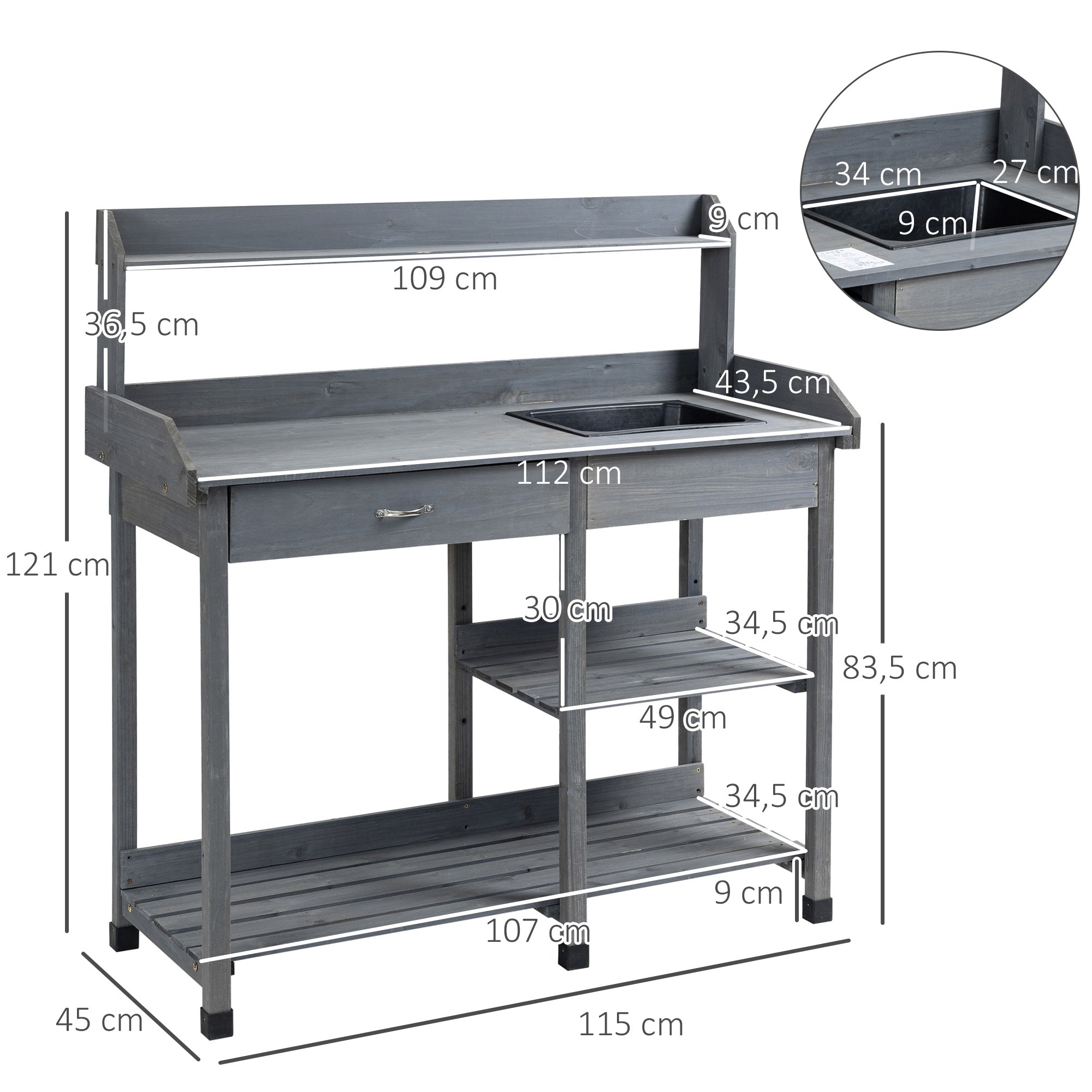 Multi-Equipped Repotting Table Gardening Table with Drawer, 3 Shelves, Sink, 3 Hooks - Gray Pre-Oiled Spruce Wood Planting Table