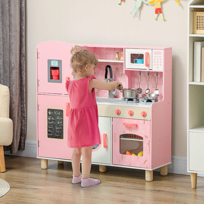 Toy Kitchen for Children +3 Years Wooden Children's Kitchen Play Kitchen with Sound Stove Oven Faucet Sink Microwave Washer Ice Machine and Accessories Pink